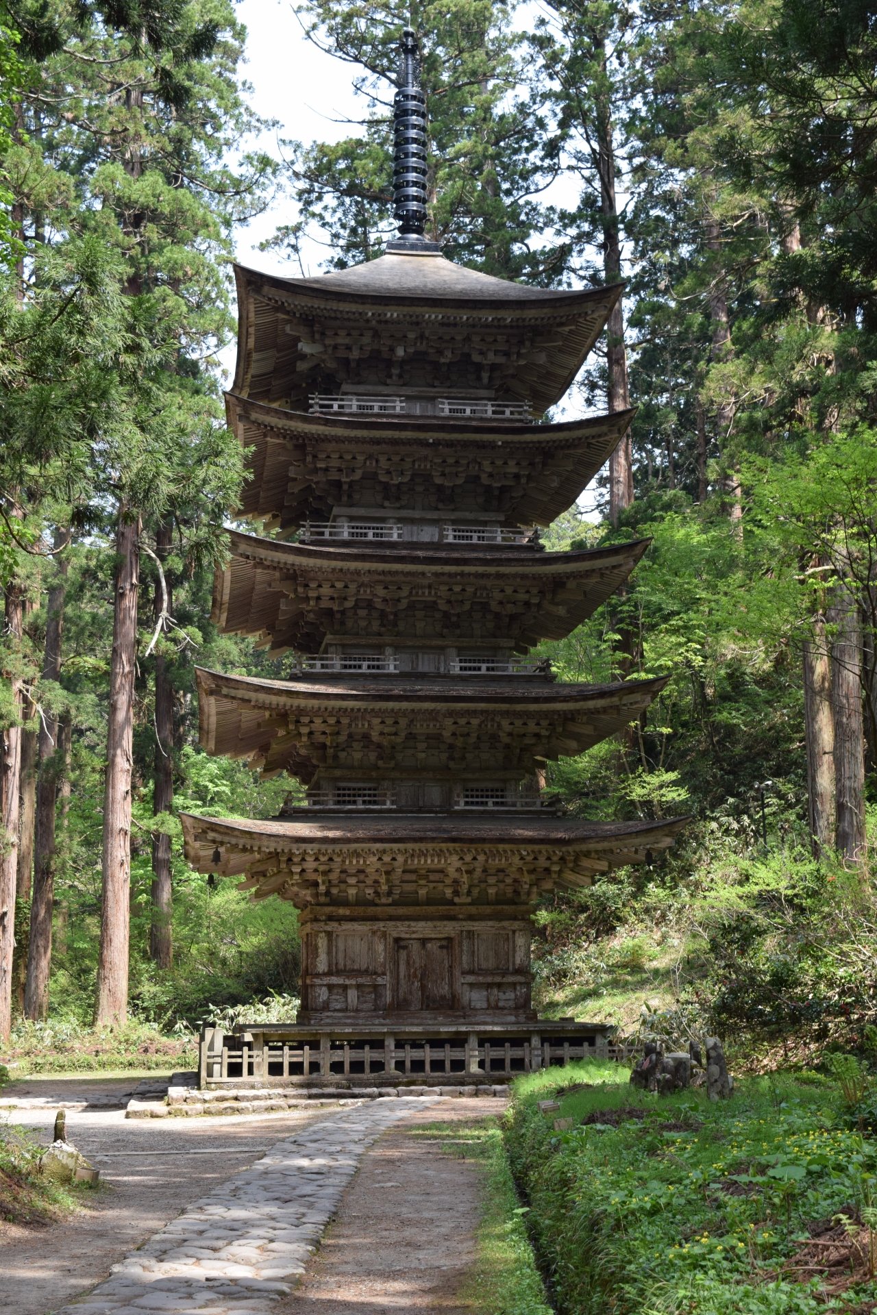 山形・鶴岡の羽黒山国宝五重塔。杉木立の奥に静かに佇む平安期の塔