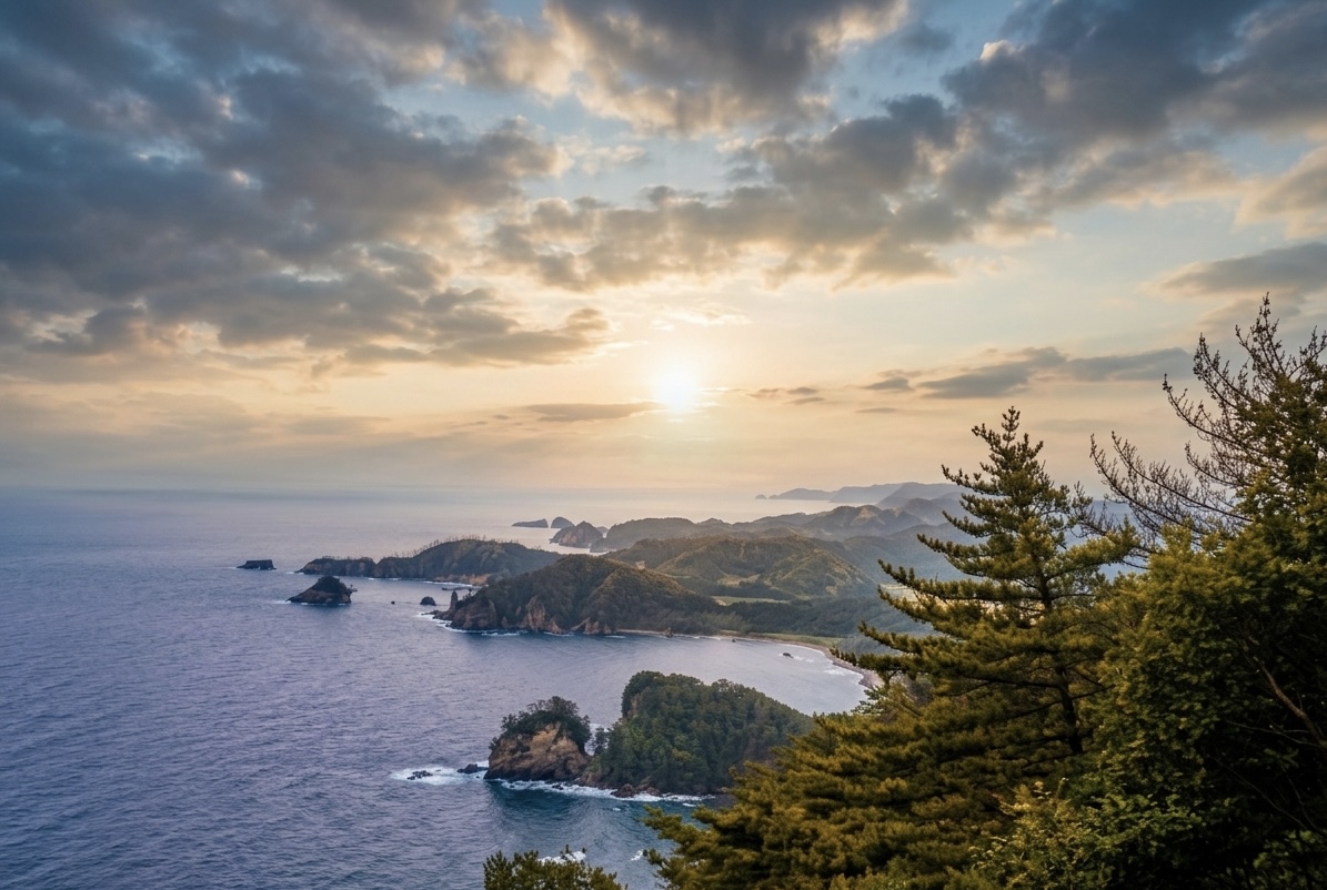 那久岬展望台から望むリアス式海岸の夕暮れ