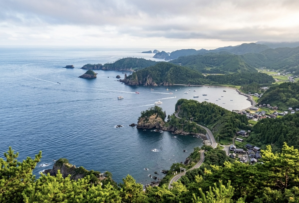 高台から望む隠岐の入り江、湾と鳥居の風景