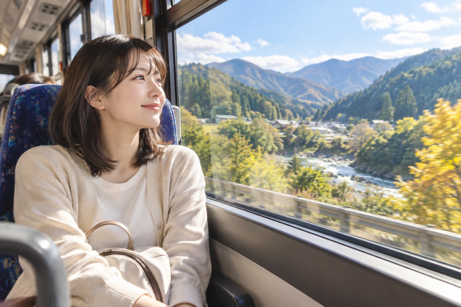 AIイメージ:バスの窓際で山と川の景色を楽しむ一人旅の女性