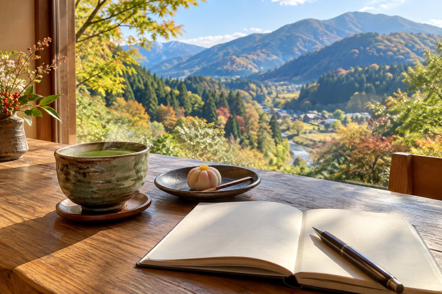 AIイメージ:山を眺めながらお茶と旅のノートを楽しむ、ご褒美のひととき