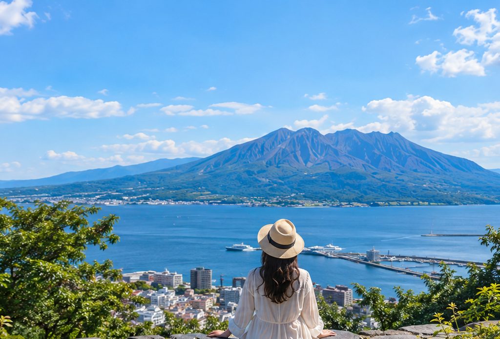 海と山を見渡すひとり旅のイメージ(AI生成)